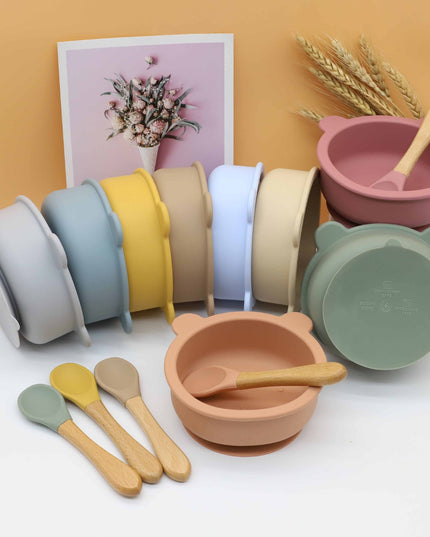 Baby Bear Shape Food Training Silicone Bowl With Spoon Tableware