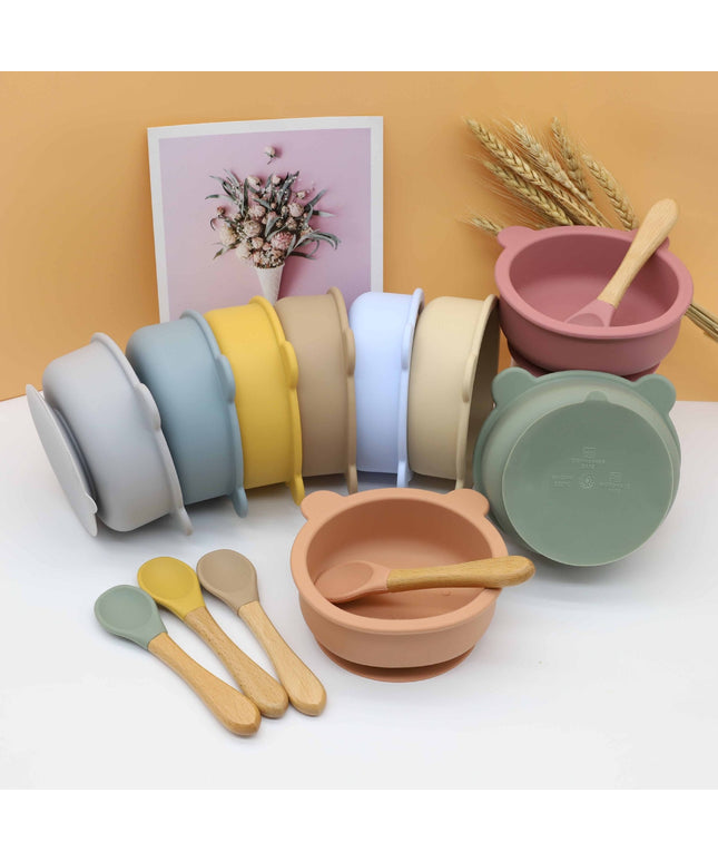 Baby Bear Shape Food Training Silicone Bowl With Spoon Tableware