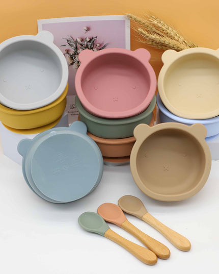 Baby Bear Shape Food Training Silicone Bowl With Spoon Tableware