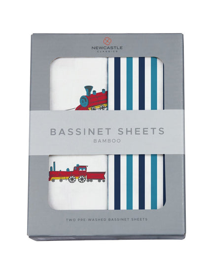 Vintage Steam Trains and Blue and White Stripe Bamboo Changing Pad