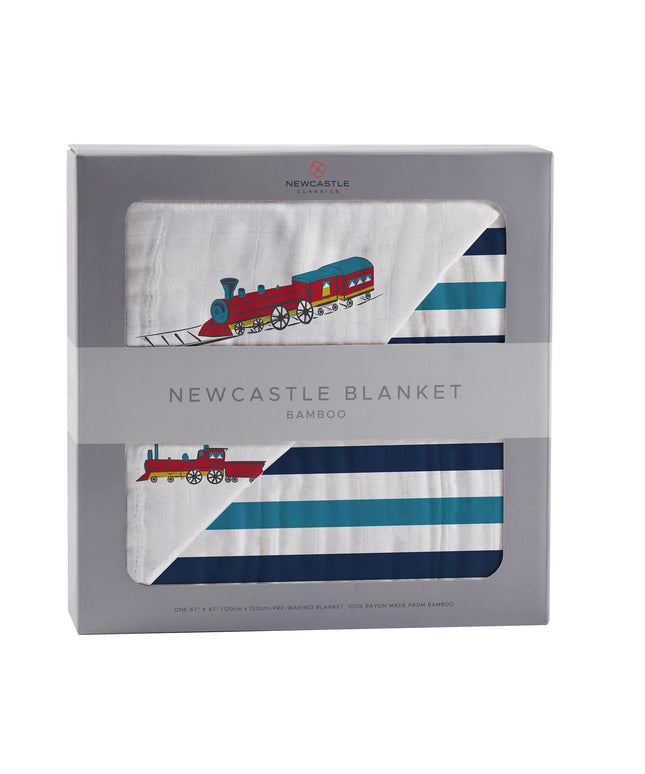 Vintage Steam Trains and Blue Stripe Bamboo Muslin Newcastle Blanket