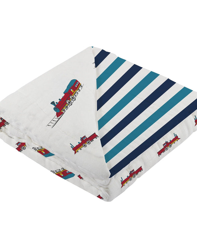 Vintage Steam Trains and Blue Stripe Bamboo Muslin Newcastle Blanket