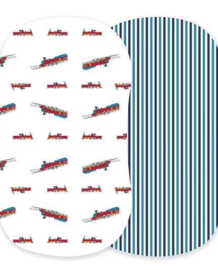 Vintage Steam Trains and Blue and White Stripe Bamboo Changing Pad