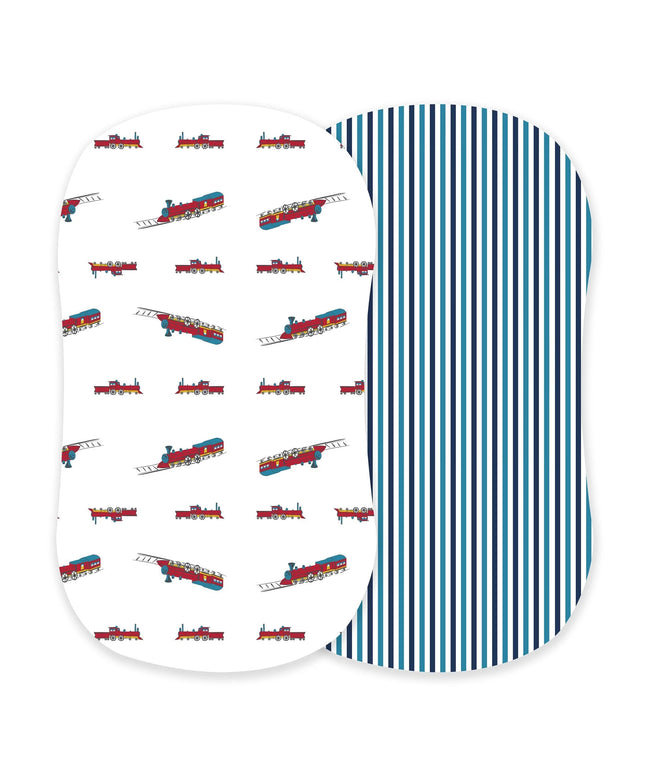 Vintage Steam Trains and Blue and White Stripe Bamboo Changing Pad