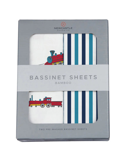 Vintage Steam Trains and Blue and White Stripe Bamboo Changing Pad