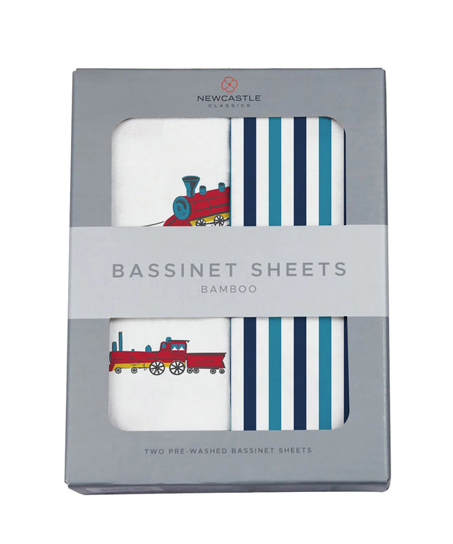 Vintage Steam Trains and Blue and White Stripe Bamboo Changing Pad